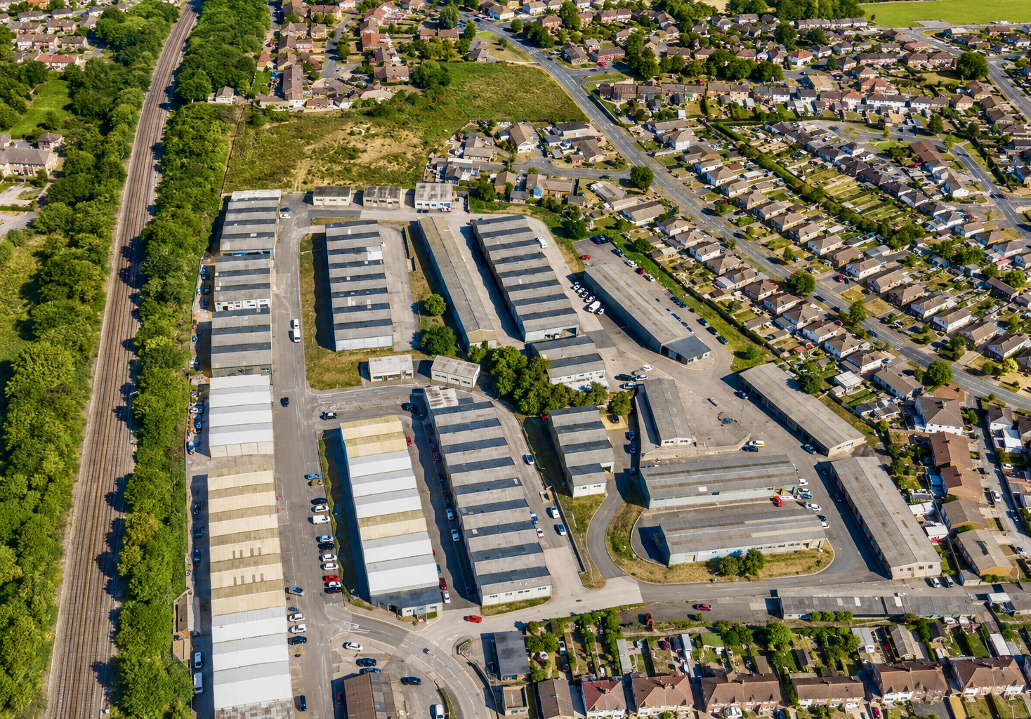 Aerial view of a well-maintained industrial trading estate